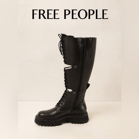 Free People Shoes - Free People Womens Miller Cut Out Lace Up Knee High Leather combat Boots Black